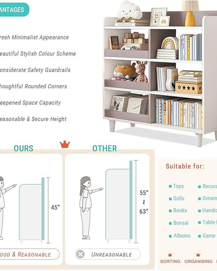 Wooden Cube Bookcase with Legs - 3-Tier Open Shelf Kidsroom Sorted Storage Cabinet Organizer for Books and Toys, 6-Cube Lattice Cute Cubby Bookshelf in White Mixed Mocha Brown, 32" W - LeafyLoom