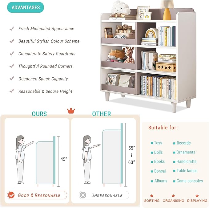 Wooden Cube Bookcase with Legs - 3-Tier Open Shelf Kidsroom Sorted Storage Cabinet Organizer for Books and Toys, 6-Cube Lattice Cute Cubby Bookshelf in White Mixed Mocha Brown, 32" W - LeafyLoom