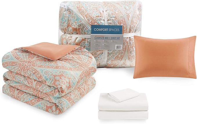Comfort Spaces Bed in A Bag - Trendy Casual Design Cozy Comforter with Complete Sheet Set with Side Pocket, All Season Cover, Matching Shams, Twin XL(66 in x 90 in), Gloria, Damask Coral 6 Piece - LeafyLoom
