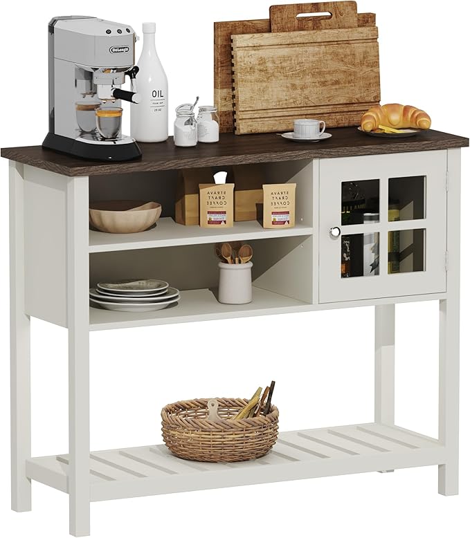 ChooChoo Farmhouse Coffee Bar Cabinet, Buffet Cabinet with Storage, Sideboard Buffet Cabinet with Glass Door, Console Table for Kitchen, Hallway, Entrance, White - LeafyLoom