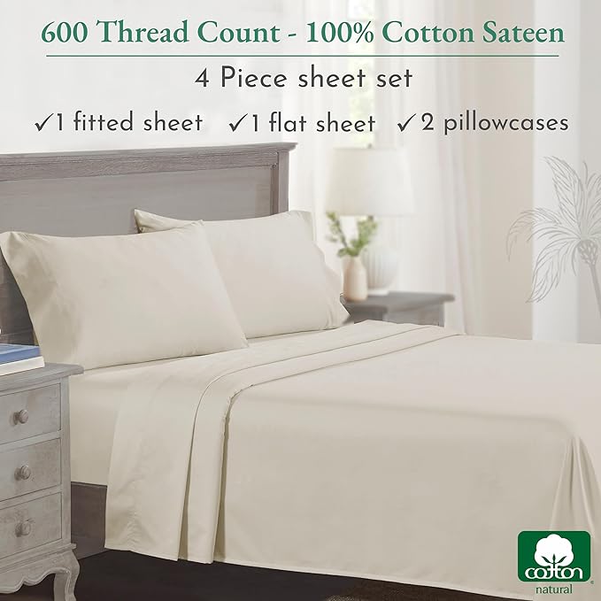 California Design Den Luxury King Size Sheet Set - 100% Cotton, 600 Thread Count Deep Pocket King Sheets, Hotel-Quality Bedding with Sateen Weave - Ivory - LeafyLoom