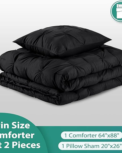 downluxe Pintuck Twin Comforter Set with 1 Pillow Sham - 2-Piece - Black Twin Bed Comforter Set for All Seasons, Pinch Pleat Microfiber Down Alternative Bedding Comforter Sets - LeafyLoom
