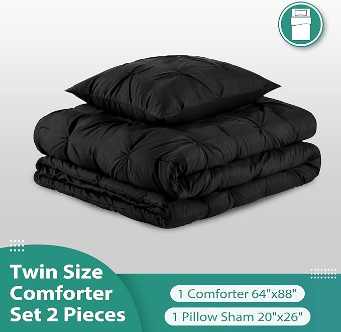downluxe Pintuck Twin Comforter Set with 1 Pillow Sham - 2-Piece - Black Twin Bed Comforter Set for All Seasons, Pinch Pleat Microfiber Down Alternative Bedding Comforter Sets - LeafyLoom