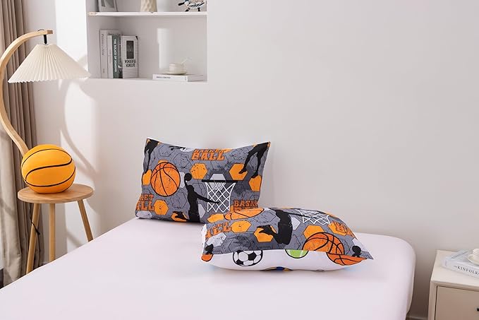 Btargot 3 Piece Grey Geometric Basketball Comforter Set Full for Boys Teens, 3D Sports Bedding,Soft Microfiber Reversible Quilt with 2 Matching Pillow Shams, Yellow - LeafyLoom