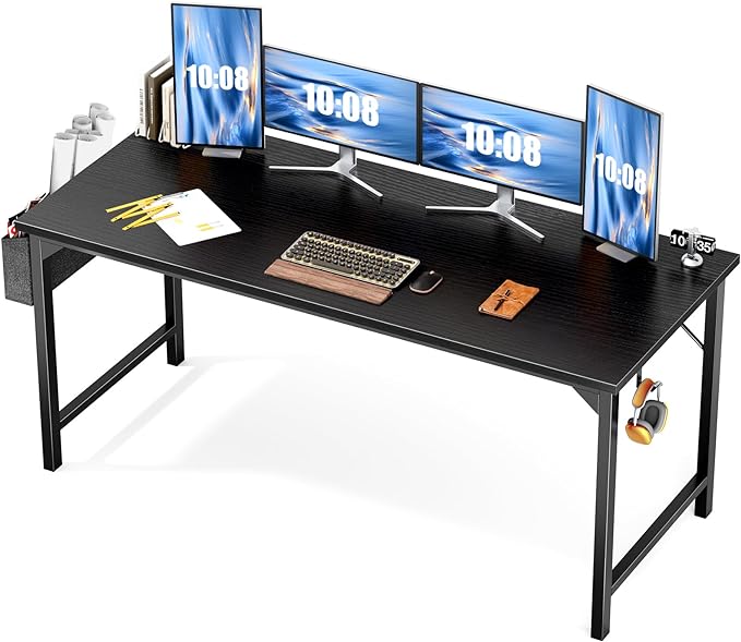 JHK Computer Desk Office 63 Inch Writing Work Kids Study Simple Wooden Table for Home Bedroom Modern Style with Headphone Hooks & Storage Bag, Black - LeafyLoom