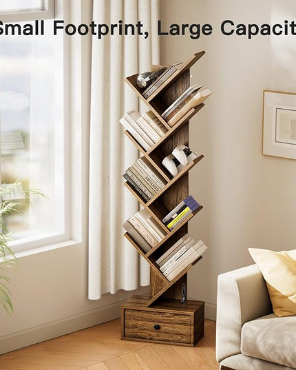 Pipishell Bookshelf with Drawer, 8-Tier Vertical Tree Bookshelf, Modern Bookcase, Modern Book Storage, Book Shelf Organizer for Living Room, Bedroom, Home Office, Rustic Brown, PIBS03WN - LeafyLoom