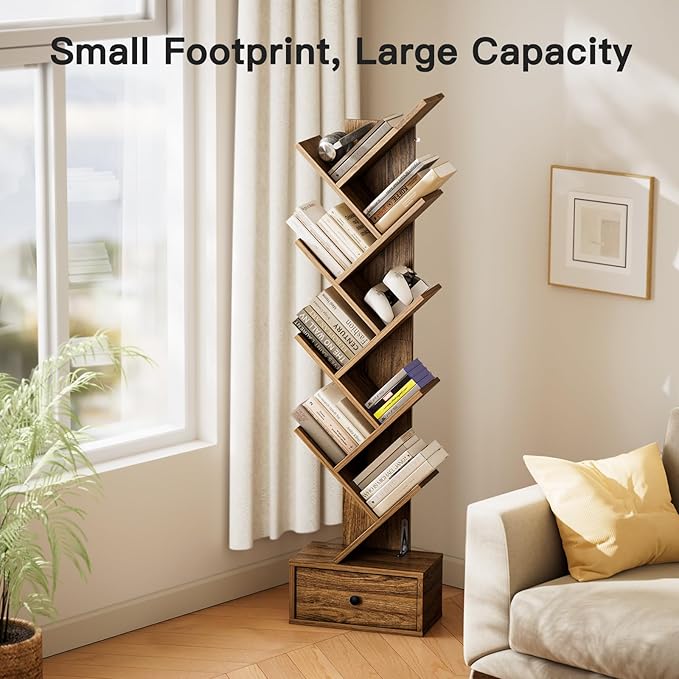Pipishell Bookshelf with Drawer, 8-Tier Vertical Tree Bookshelf, Modern Bookcase, Modern Book Storage, Book Shelf Organizer for Living Room, Bedroom, Home Office, Rustic Brown, PIBS03WN - LeafyLoom