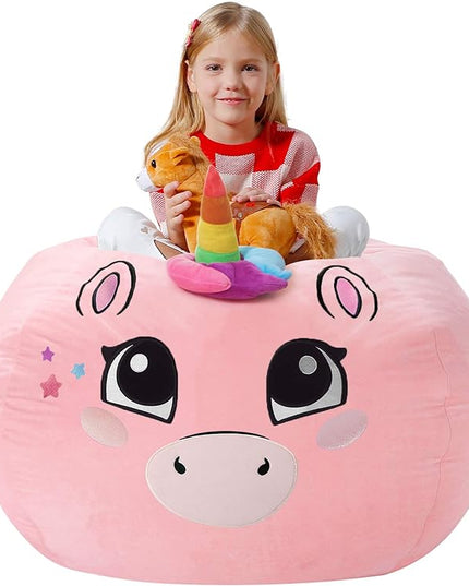 Aubliss Stuffed Animal Storage Bean Bag Chair Cover - Large Stuff 'n Sit Storage Organization for Kids - Toy Storage Bag - Chair Gifts for Girls (Large, Pink) - LeafyLoom