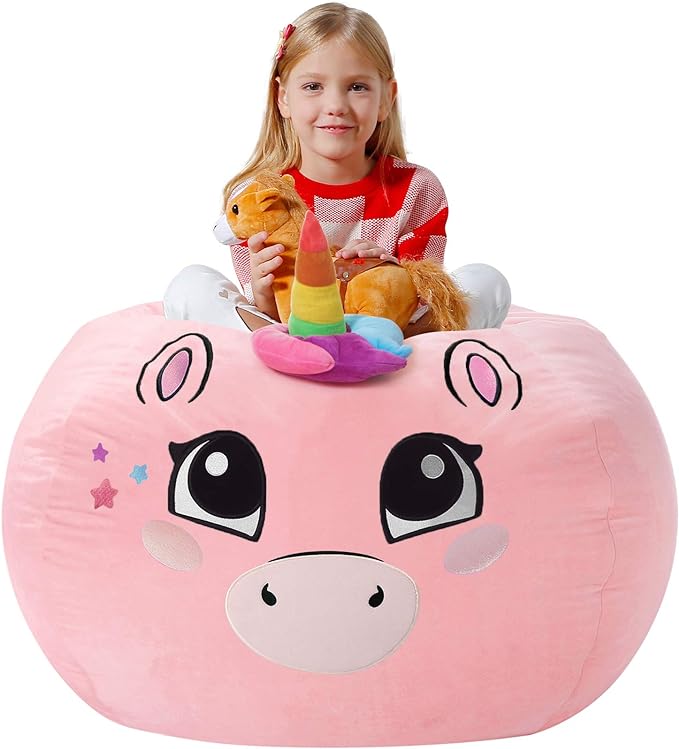 Aubliss Stuffed Animal Storage Bean Bag Chair Cover - Large Stuff 'n Sit Storage Organization for Kids - Toy Storage Bag - Chair Gifts for Girls (Large, Pink) - LeafyLoom