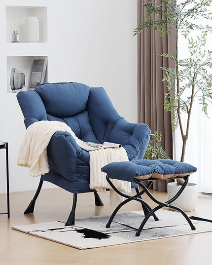 Lazy Chair with Ottoman, Modern Chair with Folding Footrest, Lounge Accent Chair, Comfortable Reading Chair (Royal Blue) - LeafyLoom