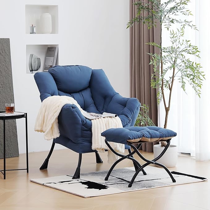 Lazy Chair with Ottoman, Modern Chair with Folding Footrest, Lounge Accent Chair, Comfortable Reading Chair (Royal Blue) - LeafyLoom