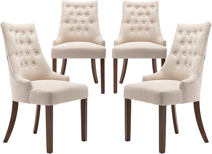 COLAMY Wingback Upholstered Dining Chairs Set of 4, Fabric Side Dining Room Chairs with Tufted Button, Living Room Chairs for Home Kitchen- Beige - LeafyLoom