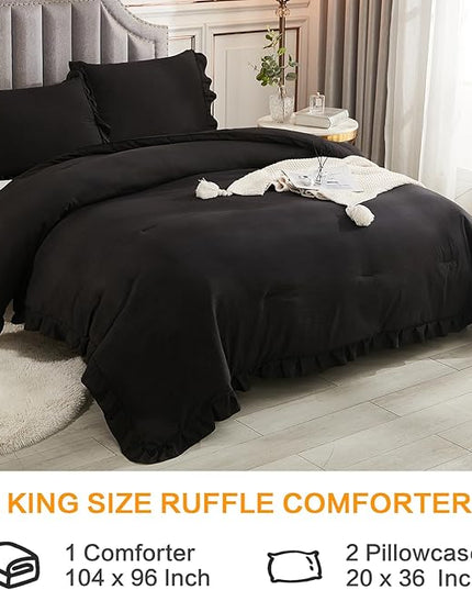 Andency California King Comforter Set Black (104x96Inch), 3 Pieces Cal King Ruffle Comforter, Oversized Farmhouse Shabby Chic Bed Comforter, Lighteweight and Soft Microfiber Bedding Set - LeafyLoom