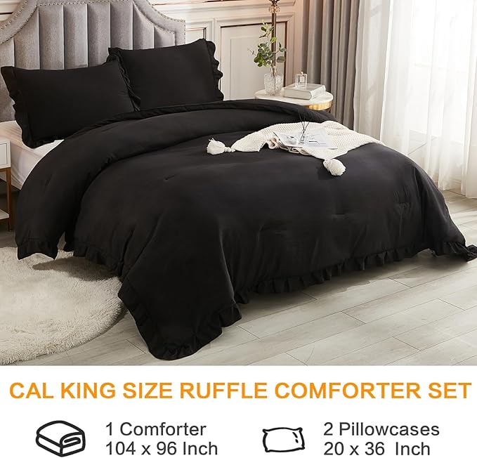 Andency California King Comforter Set Black (104x96Inch), 3 Pieces Cal King Ruffle Comforter, Oversized Farmhouse Shabby Chic Bed Comforter, Lighteweight and Soft Microfiber Bedding Set - LeafyLoom
