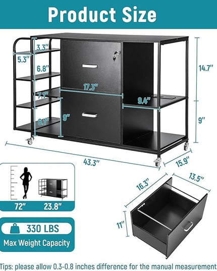 Lateral File Cabinet, 2 Drawer Mobile Filing Cabinet with Outlet, Open Storage Side Shelves, Locking Drawer Fits A4/Letter/Legal Size File Cabinets for Home Office, Black - LeafyLoom