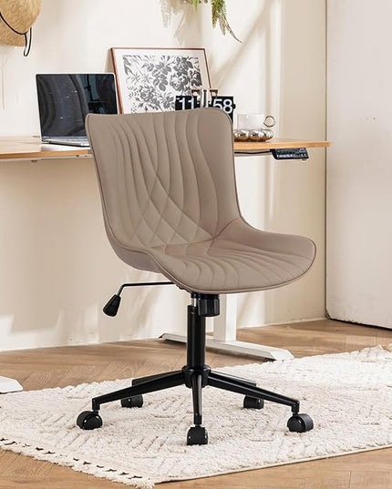 YOUTASTE Office Chair Armless Desk Chair Small Computer Swivel Rolling Chair with Wheels, Modern Upholstered PU Leather Task Chair, Adjustable Home Office Desk Chairs for Computer, Khaki - LeafyLoom