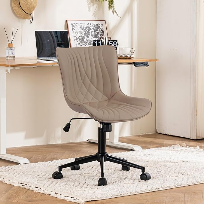 YOUTASTE Office Chair Armless Desk Chair Small Computer Swivel Rolling Chair with Wheels, Modern Upholstered PU Leather Task Chair, Adjustable Home Office Desk Chairs for Computer, Khaki - LeafyLoom