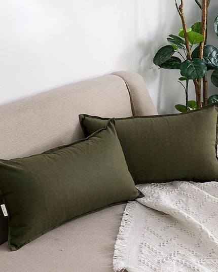 Jeanerlor Cotton Linen Square Decorative Throw Pillow Case Cushion Cover with Twin Needles Stitch on Edge, 12"x20"(30 x 50cm), 2 Pcs, Olive Green - LeafyLoom