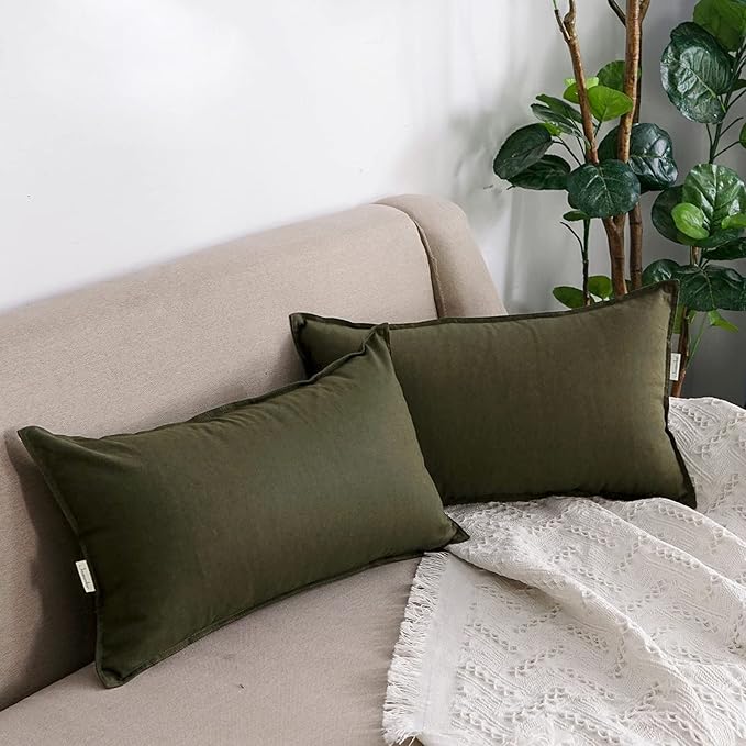 Jeanerlor Cotton Linen Square Decorative Throw Pillow Case Cushion Cover with Twin Needles Stitch on Edge, 12"x20"(30 x 50cm), 2 Pcs, Olive Green - LeafyLoom
