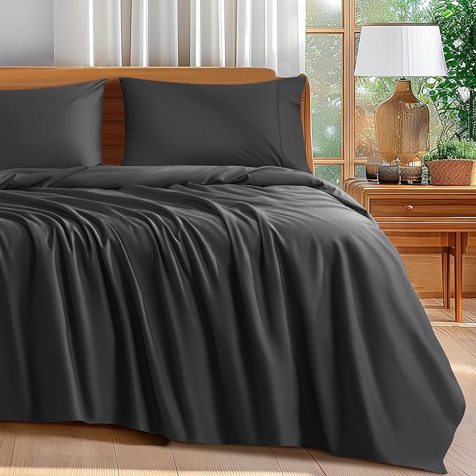 Shilucheng 100% Cotton Sheets Set - 600 Thread Count，Luxury Egyptian Cotton Bed Sheets，5-Star Hotel Quality Sheets, Breathable & Cooling, 16 Inch Deep Pocket - 4 Piece (Black, California King) - LeafyLoom