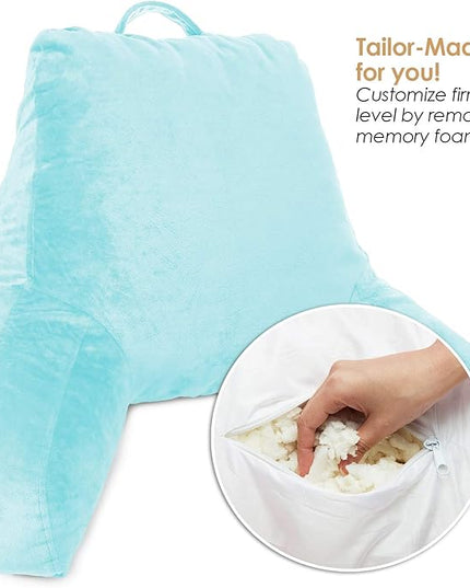 Clara Clark Reading Pillow, Standard Back Pillow for Sitting Up in Bed, Memory Foam Back Support Pillow, Reading Pillows for Sitting in Bed, Light Blue Sit Up Pillow for Bed, Arm Pillow with Pockets - LeafyLoom