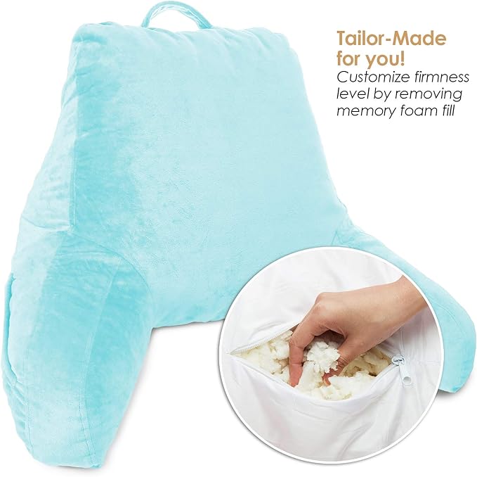 Clara Clark Reading Pillow, Standard Back Pillow for Sitting Up in Bed, Memory Foam Back Support Pillow, Reading Pillows for Sitting in Bed, Light Blue Sit Up Pillow for Bed, Arm Pillow with Pockets - LeafyLoom
