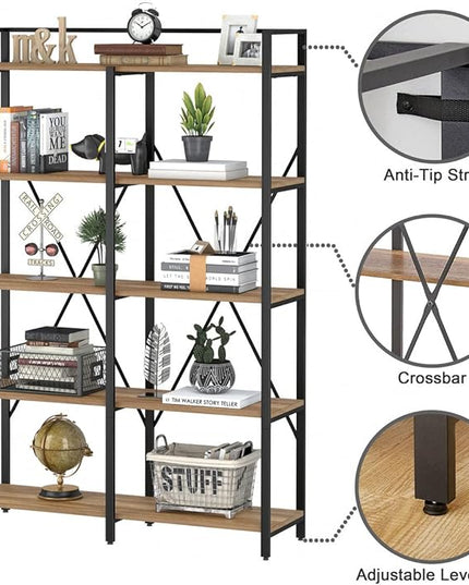 BON AUGURE Industrial Bookshelves and Bookcases, 5 Tier Heavy Duty Etagere Shelving Unit, Farmhouse Rustic Wood Metal Book Shelves for Office, Living Room and Bedroom (Vintage Oak, 43.31 inch Wide) - LeafyLoom