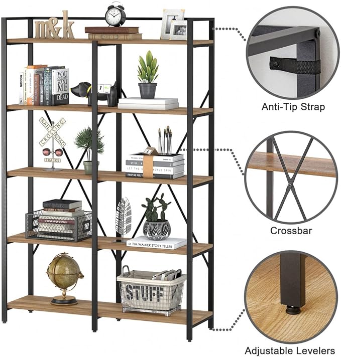BON AUGURE Industrial Bookshelves and Bookcases, 5 Tier Heavy Duty Etagere Shelving Unit, Farmhouse Rustic Wood Metal Book Shelves for Office, Living Room and Bedroom (Vintage Oak, 43.31 inch Wide) - LeafyLoom