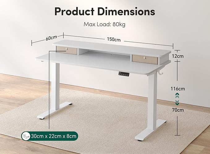 FEZIBO 60 x 24 Inch Height Adjustable Electric Standing Desk with Double Drawer, Stand Up Desk with Storage Shelf, Sit Stand Desk, White - LeafyLoom