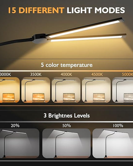 Desk Lamp,20W Ultra Bright Auto Dimming Desk Light Stepless Dimming and Tempering LED Desk Lamp,Dual Screen Computer Monitor Gooseneck Smart Light,5 adjustable lighting modes for Office Home - LeafyLoom