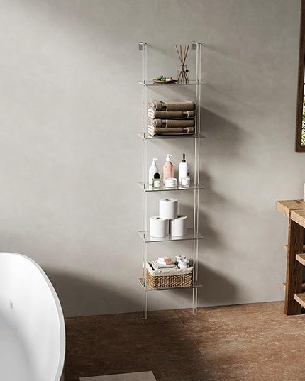 Small Acrylic Ladder Bookshelf, 9.5" D x 15.6" W, 5-Tier Clear Wall Mounted Book Shelf for Small Spaces, Multipurpose Bookcase for Living Room, Bathroom, Office, Modern, 73" H - LeafyLoom