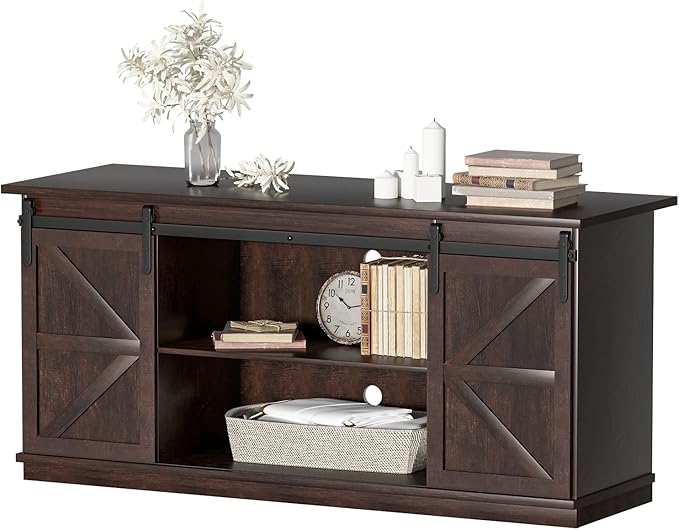 YESHOMY TV Stand for Televisions up to 65 Inchs, with Sliding Barn Doors and Storage Cabinets, Console Table and Media Furniture for Living Room, 58 Inch, Espresso - LeafyLoom
