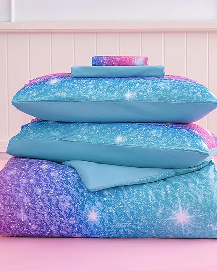 Twin Comforter Set for Girls Galaxy Bedding 7pieces, Ombre Bedding Comforter Sets Rainbow Comforter, Glitter Bedding Twin Teen Comforter Sets for Girls (Blue) - LeafyLoom