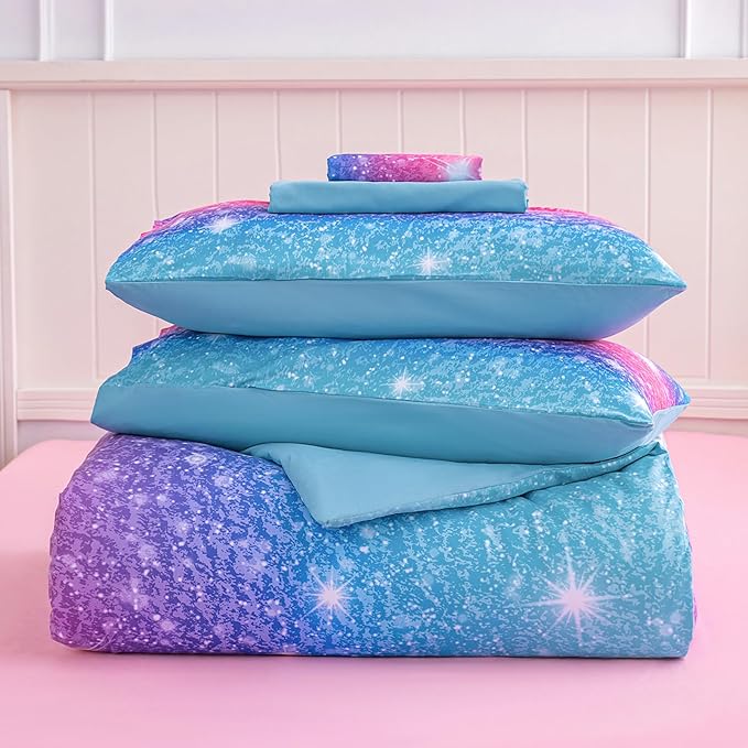 Twin Comforter Set for Girls Galaxy Bedding 7pieces, Ombre Bedding Comforter Sets Rainbow Comforter, Glitter Bedding Twin Teen Comforter Sets for Girls (Blue) - LeafyLoom