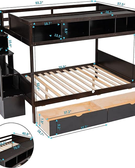 Twin Over Full Bunk Bed with Stairs Storage Function, Shelf and 2 Drawers, Wooden Frame Stairway Bunkbeds for Kids Teens Bedroom, Espresso - LeafyLoom