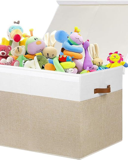 Large Toy Storage Box with Lid, Sturdy Toys Storage Chest Bin Organizer Basket with Dividers for Kids, Boys, Girls, Nursery, Closet, Bedroom, Playroom 26"x17" x17" (Beige and White) - LeafyLoom