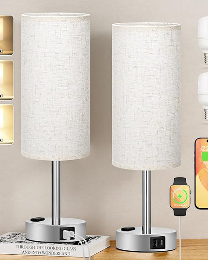 Light Beige Touch Nightstand Lamps - 3 Way Dimmable Bedside Table Lamps Set of 2 for Bedroom with USB C and A Ports, Small Desk Lamps with AC Outlet for Kids Dorm Nursery, Silver Base - LeafyLoom