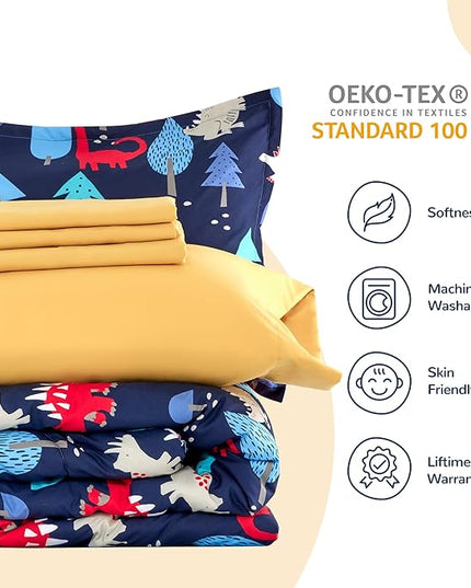 SLEEP ZONE Kids Bedding Comforter Set Full/Queen Size - Super Cute & Soft Kids Bedding 7 Pieces Set with Comforter, Sheet, Pillowcase & Sham (Dinosaur Land) - LeafyLoom