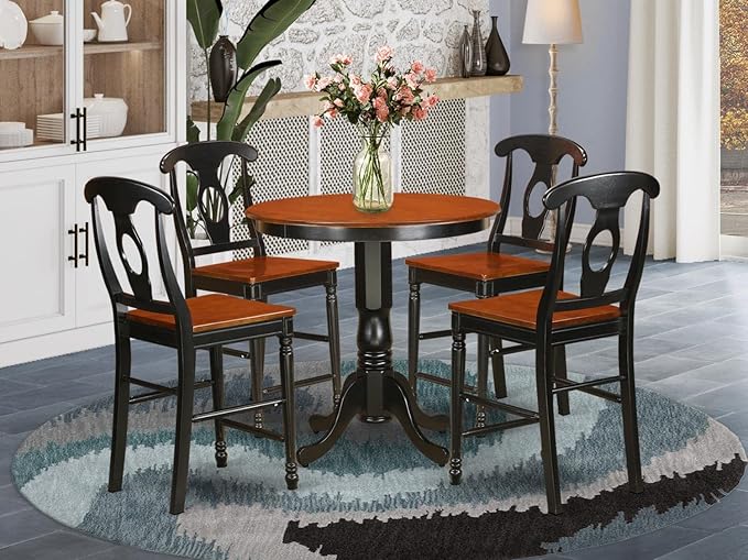 East West Furniture JAKE5-BLK-W 5 Piece Counter Height Pub Set Includes a Round Dining Table with Pedestal and 4 Dining Room Chairs, 36x36 Inch, Black & Cherry - LeafyLoom