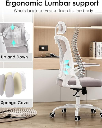 Farini Ergonomic Office Chair, Home Office Desk Chair with Headrest, High Back Computer Chair with Flip-up Armrests and Adjustable Lumbar Support.for Home Office Study Room Bedroom, Gray. - LeafyLoom