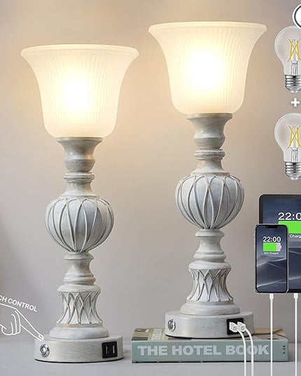 Luvkczc Touch Lamps for Living Room Set of 2, 3-Way Bedside Lamps with Glass Lampshade for Bedroom Living Room Farmhouse Office, Rustic Resin Classic Table Lamps Washed White - LeafyLoom