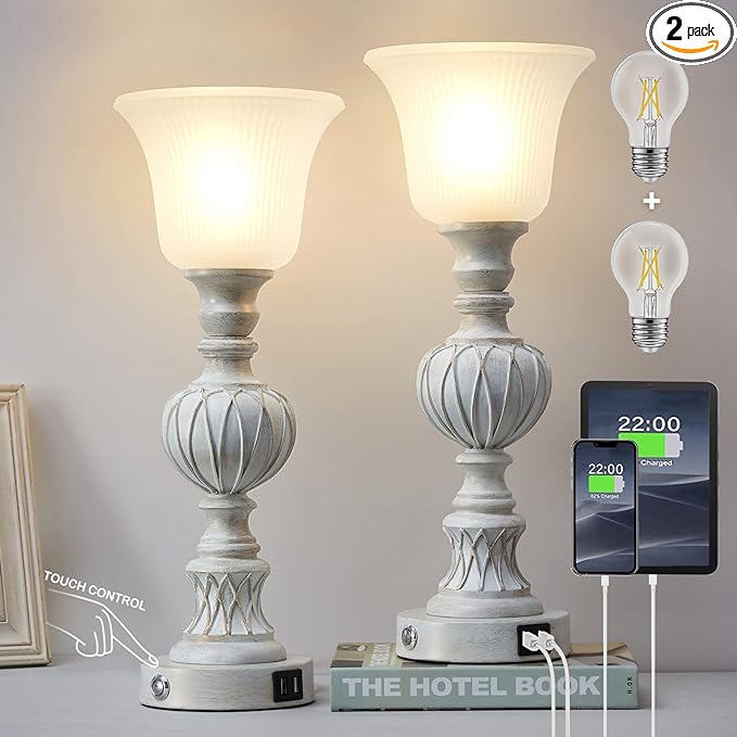 Luvkczc Touch Lamps for Living Room Set of 2, 3-Way Bedside Lamps with Glass Lampshade for Bedroom Living Room Farmhouse Office, Rustic Resin Classic Table Lamps Washed White - LeafyLoom