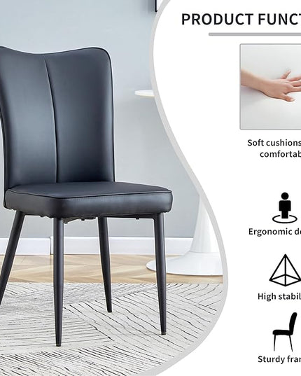 Modern Dining Chairs Set of 4, PU Leather Seat Cushions Black Dining Room Chair, with Black Metal Legs Kitchen Chair for Home Living Room, Restaurant, Black Chair Black Legs - LeafyLoom