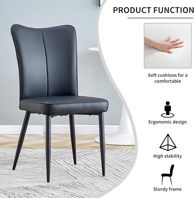 Modern Dining Chairs Set of 4, PU Leather Seat Cushions Black Dining Room Chair, with Black Metal Legs Kitchen Chair for Home Living Room, Restaurant, Black Chair Black Legs - LeafyLoom