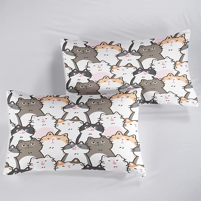 CVHOUSE Cat Bedding,Cartoon Cat Comforter Full,Animals Print Comforter Set for Kids,Kawaii Quilt Set with 1 Comforter and 2 Pillow Cases - LeafyLoom
