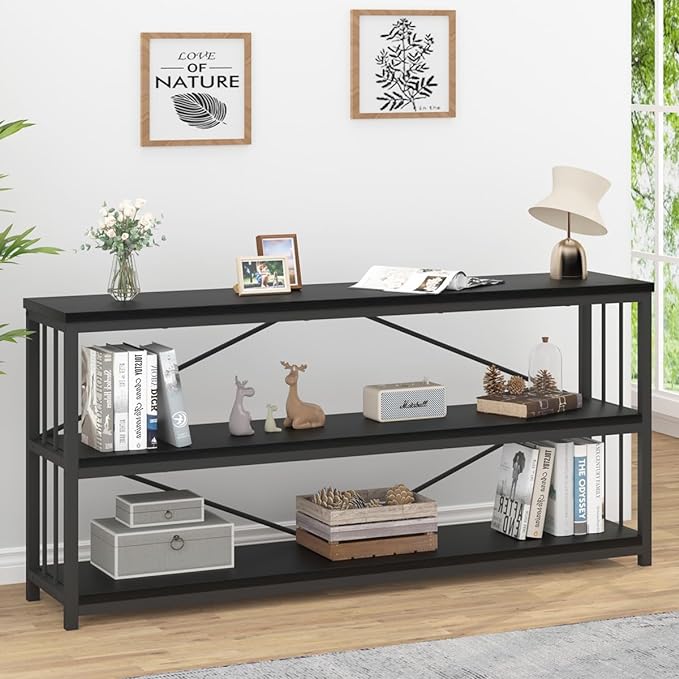 IBF 63" Black Low Horizontal Bookcase, Modern Long Wood Metal 3 Tier Book Shelf, Farmhouse Vintage Big open sturdy Bookshelf, Simple Large Wide Etagere for home living room office bedroom, Black Oak - LeafyLoom