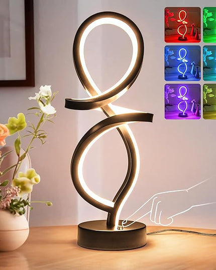 Modern Table Lamp, LED Spiral Lamp, RGB Table Lamp, Black Bedside Lamp with 7 Colors 10 Light Modes, Touch Dimmable Nightstand Lamp for Bedroom Living Room Home Office, 15W - LeafyLoom