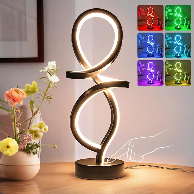 Modern Table Lamp, LED Spiral Lamp, RGB Table Lamp, Black Bedside Lamp with 7 Colors 10 Light Modes, Touch Dimmable Nightstand Lamp for Bedroom Living Room Home Office, 15W - LeafyLoom