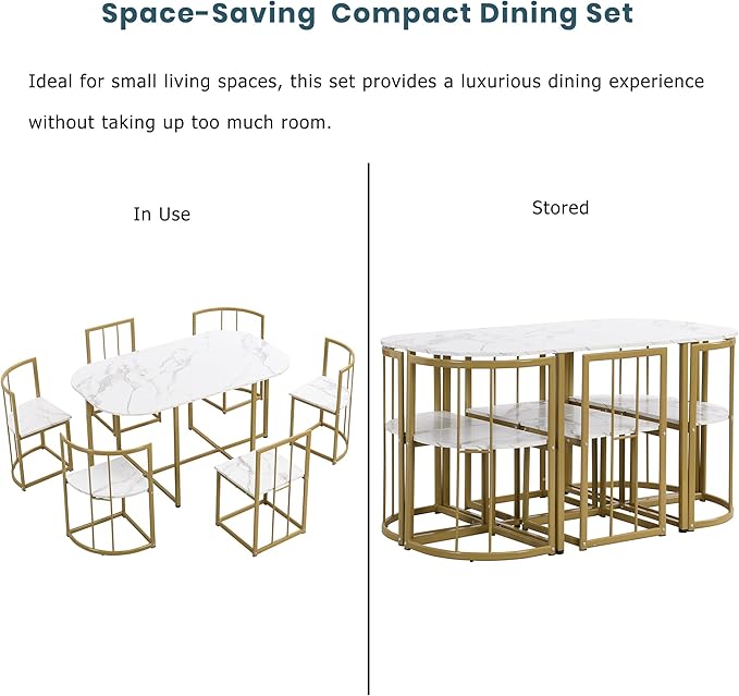 Dining Table Set for 6, 55 Inch Faux Marble Dining Room Table Set with 6 Chairs, Elegant and Compact Kitchen Table Set for Living Room, Dining Room and Small Space, Golden+White - LeafyLoom