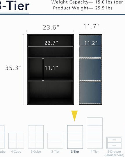 Apexa 3-Tier Cube Storage Organizer Shelves, Stackable Wood Bookcase Fits Cubby Bins for Organization, Dorm Teen Room Decor & Home Office, Black - LeafyLoom